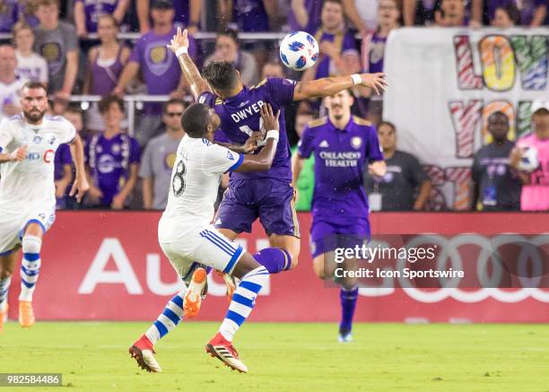 Gets fouled as he goes up for a header During the MLS soccer match between the Orlando City SC and Montreal Impact on June 23rd, 2018 at Orlando City...