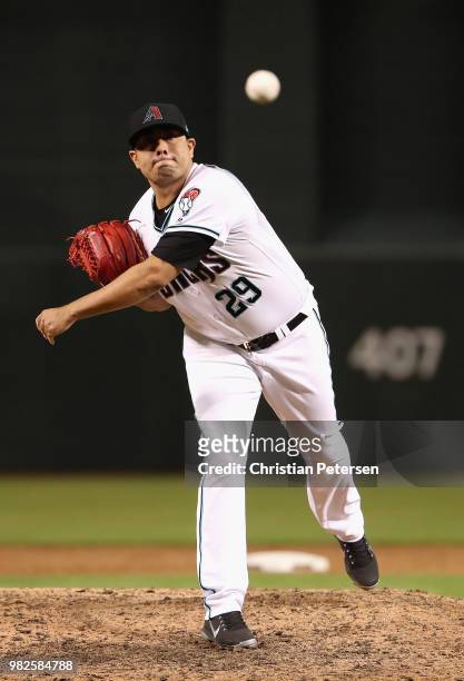 Relief pitcher Jorge De La Rosa of the Arizona Diamondbacks throws a warm up pitch during the MLB game against the New York Mets at Chase Field on...