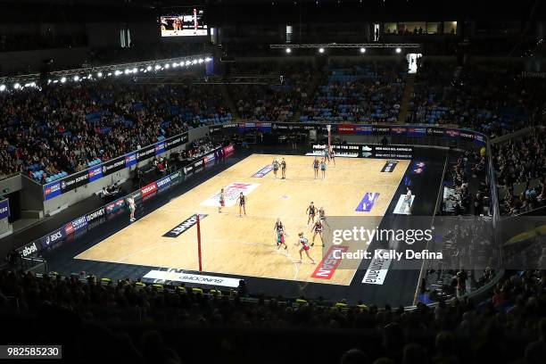 General view of play during the round eight Super Netball match between Magpies and the Vixens at Margaret Court Arena on June 24, 2018 in Melbourne,...