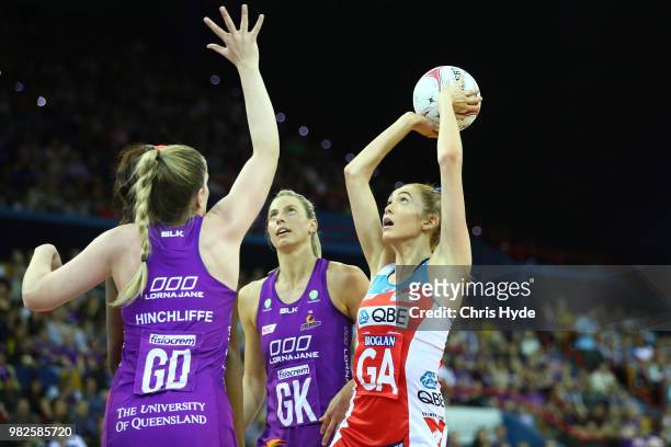 Helen Housby of the Swifts shoots during the round eight Super Netball match between the Firebirds and the Swifts at Brisbane Entertainment Centre on...