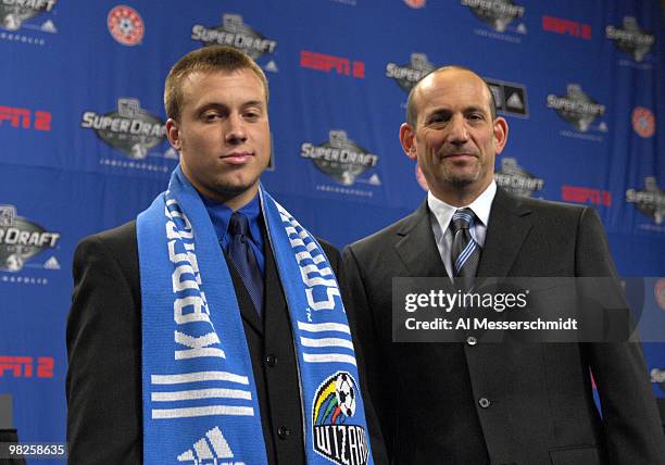 Kansas City Wizards draft pick Michael Harrington and MLS commissioner Don Garber at the 2007 SuperDraft at the Indianapolis Convention Center in...