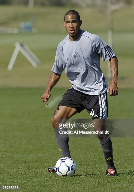 Robin Fraser of the Columbus Crew scrimmages February 26, 2004 at IMG Soccer Academy in Bradenton, Florida.