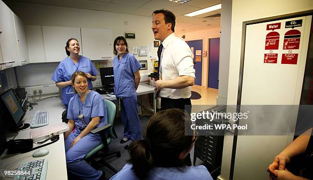 Conservative Party leader David Cameron talks to nurses in the Teenage Cancer trust unit at University college hospital on April 5, 2010 in London,...