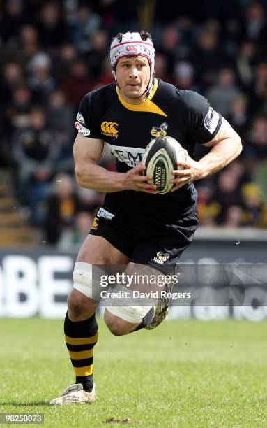 Dan Ward-Smith of Wasps runs with the ball during the Guinness Premiership match between London Wasps and London Irish at Adams Park on April 4, 2010...