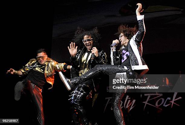 SkyBlu and Redfoo of LMFAO perform in support of the bands' Party Rock release at HP Pavilion on April 2nd, 2010 in San Jose, California.