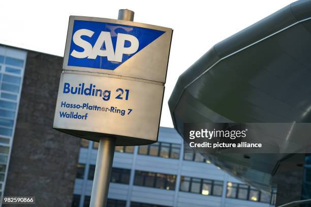 Post with the logo of software giant SAP standing in front of buildings at the company's headquarters in Walldorf, Germany, 30 January 2018....