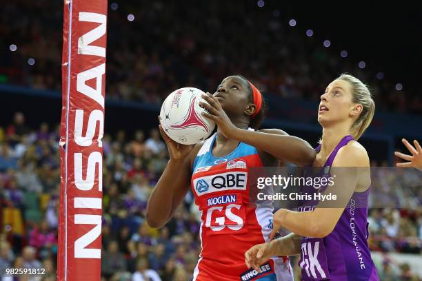 Helen Housby of the Swifts shoots during the round eight Super Netball match between the Firebirds and the Swifts at Brisbane Entertainment Centre on...