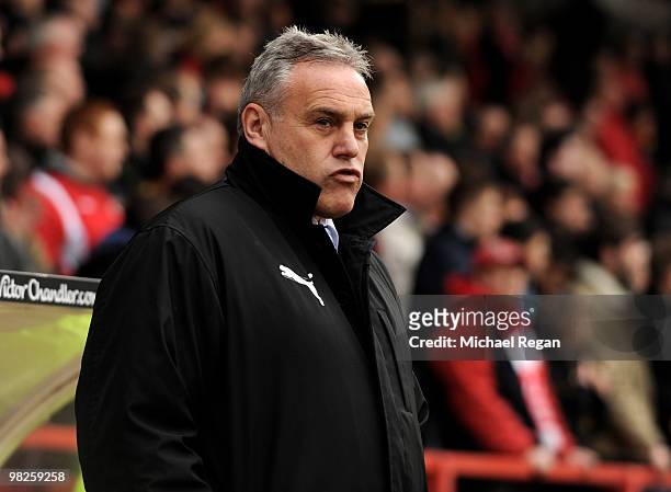 Cardiff City manager, Dave Jones looks on during the Coca Cola Championship match between Nottingham Forest and Cardiff City on April 5, 2010 in...