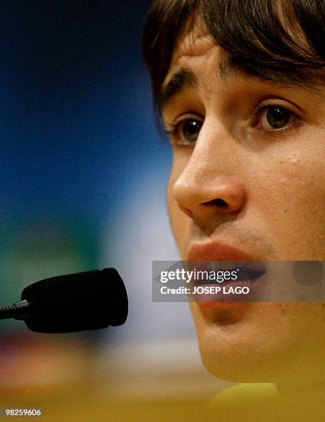 Barcelona's forward Bojan Krkic speaks during a press conference on the eve of his team's UEFA Champions League football match against Arsenal at New...