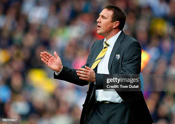 Manager of Watford, Malky Mackay gives instructions during the Coca Cola Championship match between Watford and West Bromwich Albion at Vicarage Road...