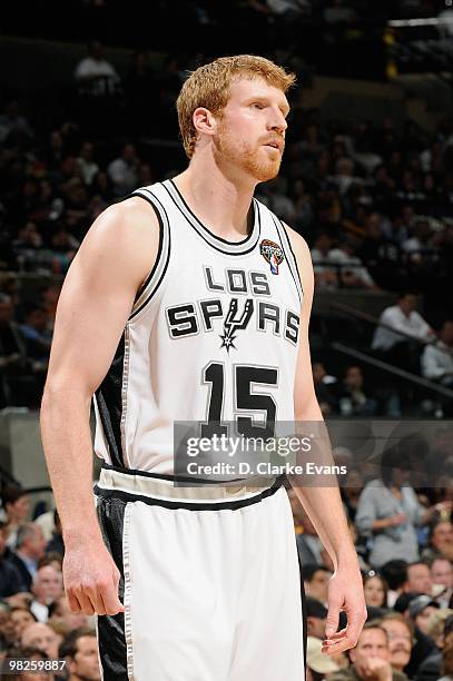 Matt Bonner of the San Antonio Spurs stands on the court during the game against the Los Angeles Lakers on March 24, 2010 at the AT&T Center in San...