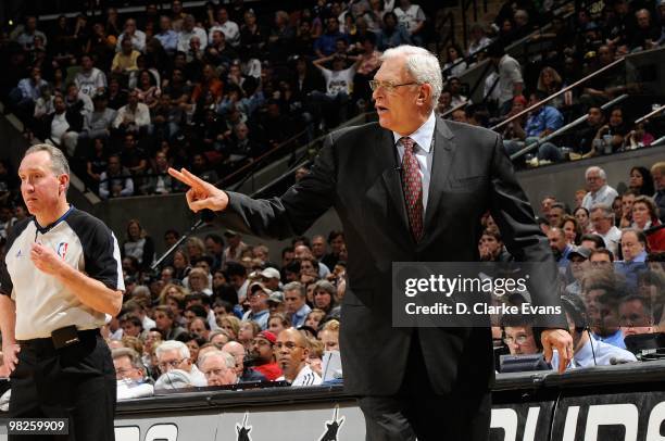 Head coach Phil Jackson of the Los Angeles Lakers shouts from the sideline during the game against the San Antonio Spurs on March 24, 2010 at the...