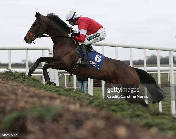 Ruby Walsh and Psycho jump the last to land the Arkle Bar Novice Handicap Chase run at the 2010 Irish Grand National meeting at Fairyhouse race...