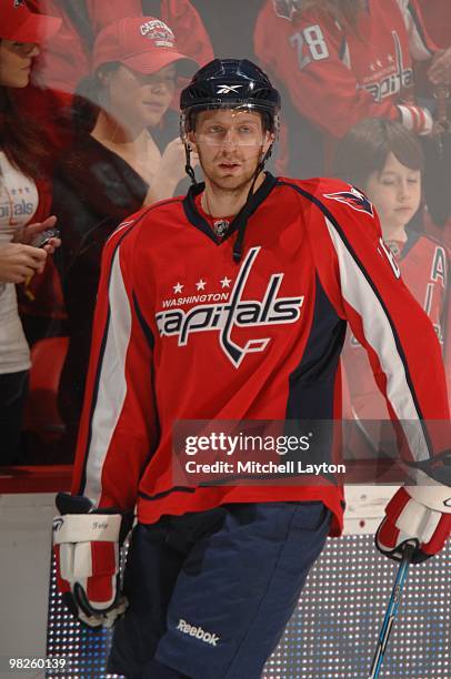 Eric Fehr of the Washington Capitals looks on during warm ups of a NHL hockey game against the Ottawa Senators on March 30, 2010 at the Verizon...