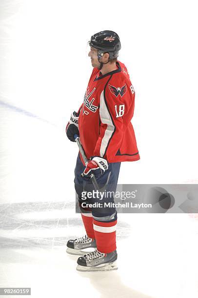Eric Belanger of the Washington Capitals looks on during a NHL hockey game against the Ottawa Senators on March 30, 2010 at the Verizon Center in...