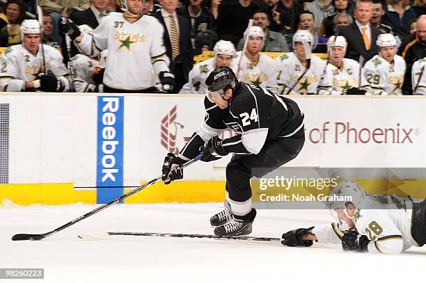 Alexander Frolov of the Los Angeles Kings skates with the puck against the Dallas Stars on March 27, 2010 at Staples Center in Los Angeles,...