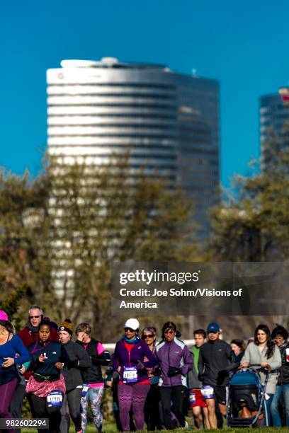 Cherry Blossom 10 Mile Run, Washington D.C. With Rosslyn skyline in background.