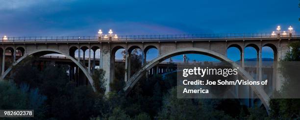 Historic Colorado Bridge Arches at dusk, Pasadena, CA.