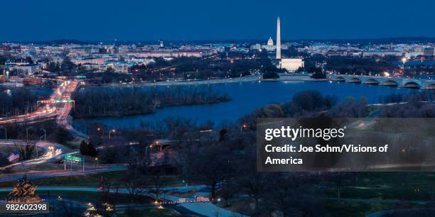 Aerial view of Washington D.C. From Top of Town restaurant, Arlington, Virginia shows Lincoln & Washington Memorial and U.S. Capitol.