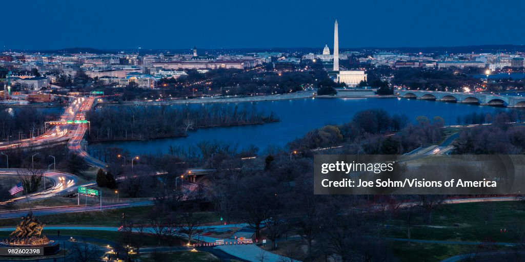 Aerial view of Washington D.C. shows Lincoln & Washington Memorial and U.S. Capitol