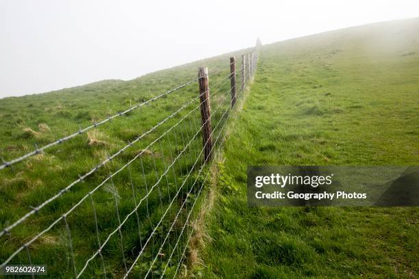 Barbed wire fence in fog on chalk downs near Knap Hill, Alton Barnes, Wiltshire, England, UK.