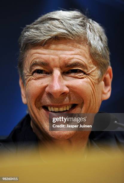 Head coach Arsene Wenger of Arsenal smiles as he talks to the media during a press conference ahead of their UEFA Champions League quarter final...