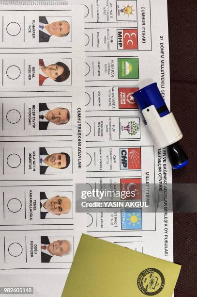 Ballot papers and a stamp are seen on the desk of a polling station as people arrive to vote in snap twin Turkish presidential and parliamentary...