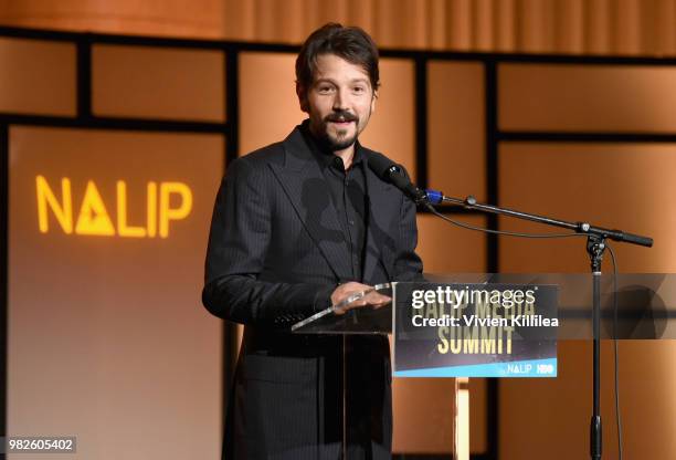 Actor Diego Luna, recipient of Outstanding Achievement Award in Film, speaks onstage during the NALIP 2018 Latino Media Awards at The Ray Dolby...