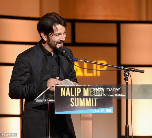 Actor Diego Luna, recipient of Outstanding Achievement Award in Film, speaks onstage during the NALIP 2018 Latino Media Awards at The Ray Dolby...