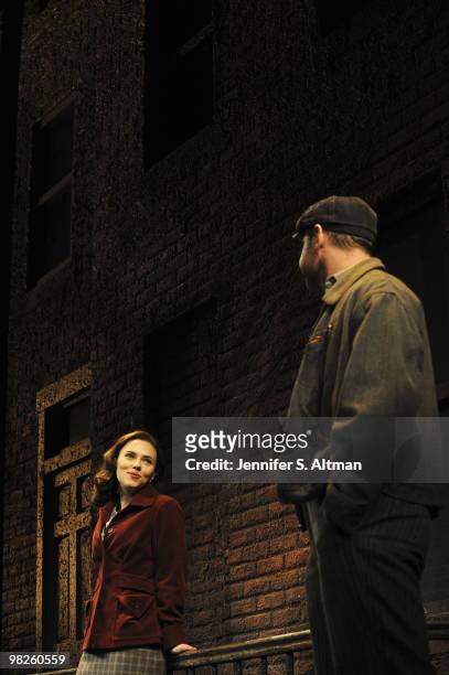 Actress Scarlett Johansson and actor Liev Schreiber rehearsing scenes for Arthur Miller's play A View From The Bridge, on Broadway in New York City,...