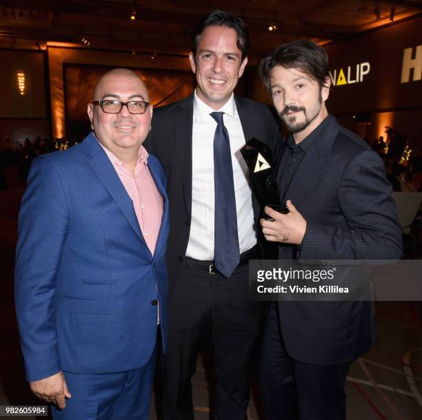 Executive director Benjamin Lopez, HBO Director of CSR Axel Caballero and actor Diego Luna, recipient of Outstanding Achievement Award in Film,...
