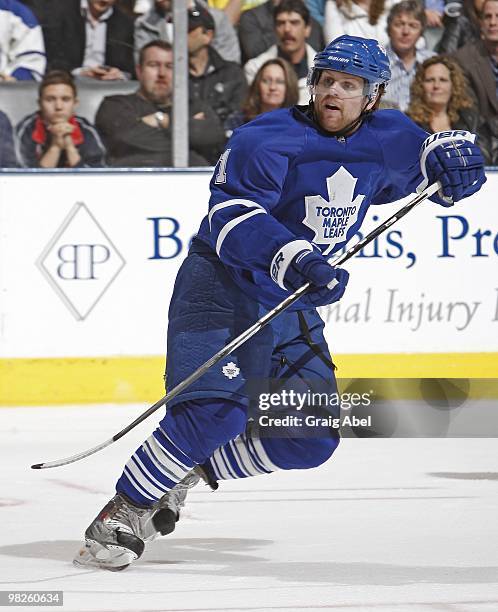 Phil Kessel of the Toronto Maple Leafs skates during the game against the Buffalo Sabres on April 1, 2010 at the Air Canada Centre in Toronto,...