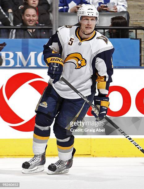 Toni Lydman of the Buffalo Sabres skates during the game against the Toronto Maple Leafs on April 1, 2010 at the Air Canada Centre in Toronto,...