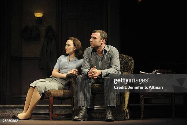 Actress Scarlett Johansson and actor Liev Schreiber rehearsing scenes for Arthur Miller's play A View From The Bridge, on Broadway in New York City,...