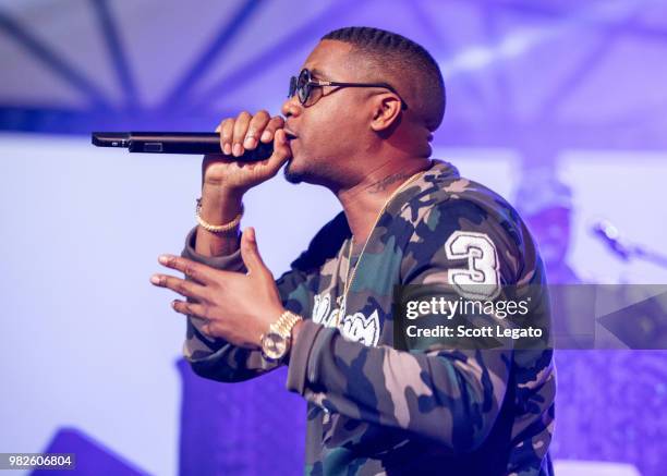 Rapper Nas performs at Chene Park on June 23, 2018 in Detroit, Michigan.