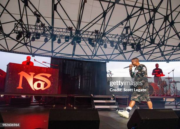 Rapper Nas performs at Chene Park on June 23, 2018 in Detroit, Michigan.