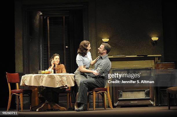 Actress Scarlett Johansson with actors Liev Schreiber and Jessica Hecht rehearsing scenes for Arthur Miller's play A View From The Bridge, on...