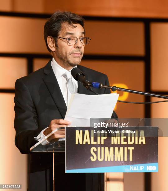 Actor Eugenio Derbez speaks onstage during the NALIP 2018 Latino Media Awards at The Ray Dolby Ballroom at Hollywood & Highland Center on June 23,...