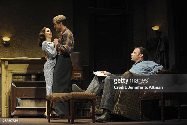 Actress Scarlett Johansson with actors Liev Schreiber and Morgan Spector rehearsing scenes for Arthur Miller's play A View From The Bridge, on...