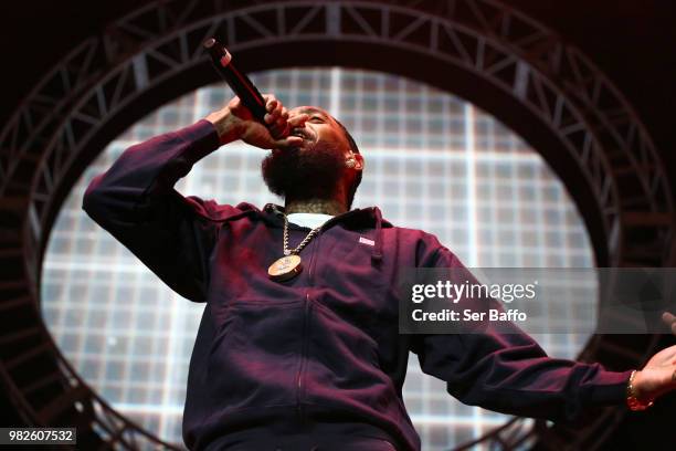 Nipsey Hussle performs onstage at the STAPLES Center Concert Sponsored by SPRITE during the 2018 BET Experience on June 23, 2018 in Los Angeles,...