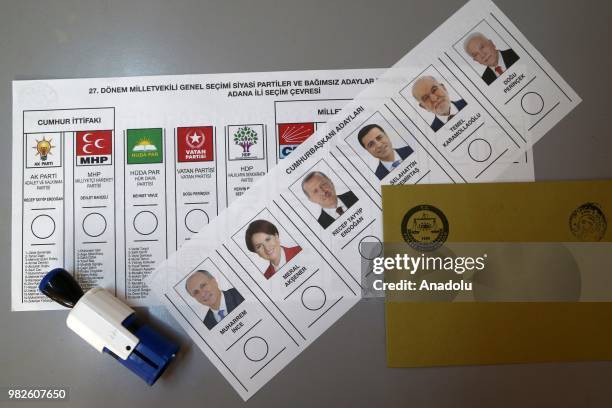 Voting papers are seen at a polling station during the parliamentary and presidential elections in Adana, Turkey on June 24, 2018. Polling in Turkeys...