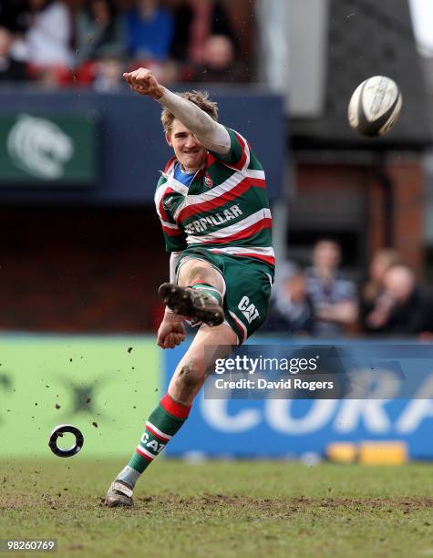 Toby Flood of Leicester takes a penalty during the Guinness Premiership match between Leicester Tigers and Bath at Welford Road on April 3, 2010 in...