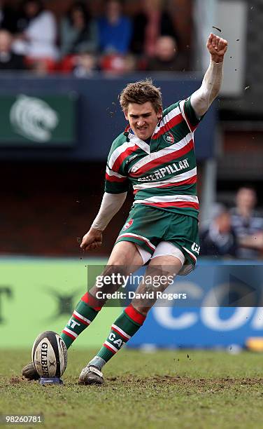 Toby Flood of Leicester takes a penalty during the Guinness Premiership match between Leicester Tigers and Bath at Welford Road on April 3, 2010 in...