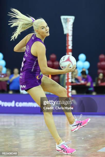 Gretel Tippett of the Firebirds catches during the round eight Super Netball match between the Firebirds and the Swifts at Brisbane Entertainment...