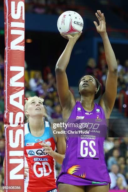 Romelda Aiken of the Firebirds shoots during the round eight Super Netball match between the Firebirds and the Swifts at Brisbane Entertainment...