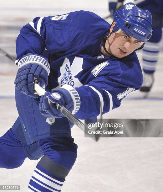 Tomas Kaberle of the Toronto Maple Leafs shoots during warm up prior to the game against the Buffalo Sabres on April 1, 2010 at the Air Canada Centre...