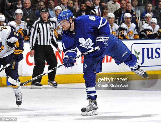 Phil Kessel of the Toronto Maple Leafs shoots the puck during the game against the Buffalo Sabres on April 1, 2010 at the Air Canada Centre in...