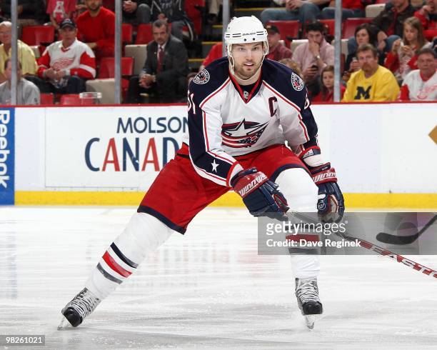 Rick Nash of the Columbus Blue Jackets skates up ice during an NHL game against the Detroit Red Wings at Joe Louis Arena on April 1, 2010 in Detroit,...