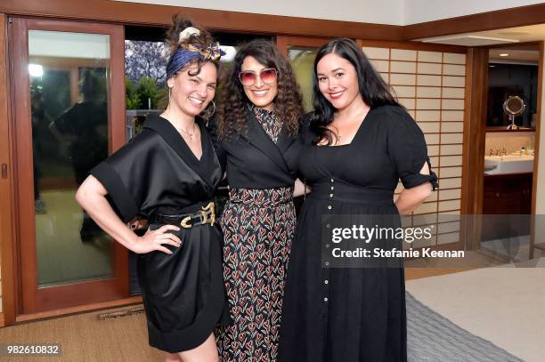 Lindsay August-Salazar, Lisa Edelstein and Laura Hyatt attend DUETS - LAND's 2018 Summer Party at Private Residence on June 23, 2018 in Los Angeles,...