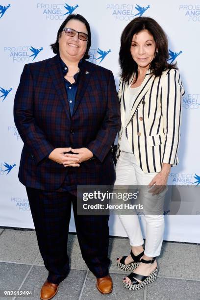 Catherine Opie and a guest attend Project Angel Food's 23rd Annual Angel Art ART=LOVE Benefit Auction at NeueHouse Hollywood on June 23, 2018 in Los...